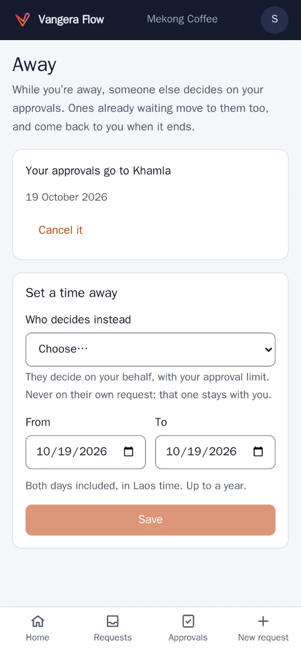 Away in Vangera Flow: who decides instead, from when until when