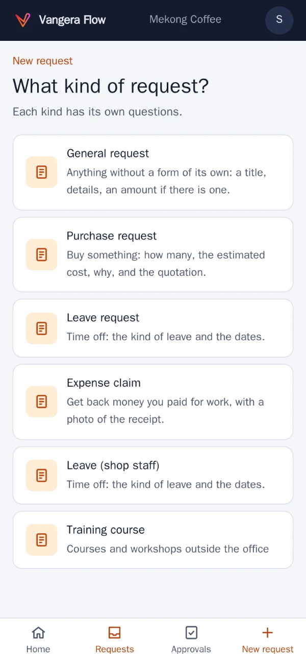 New request in Vangera Flow on a phone: choosing the kind of request