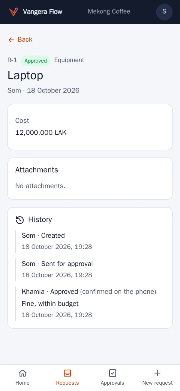 An approved request in Vangera Flow whose history shows it was confirmed on the phone