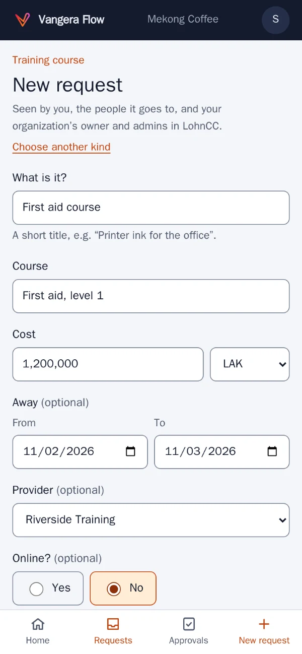 A request form in Vangera Flow on a phone: a title, a cost, dates, a choice list and a yes-or-no question