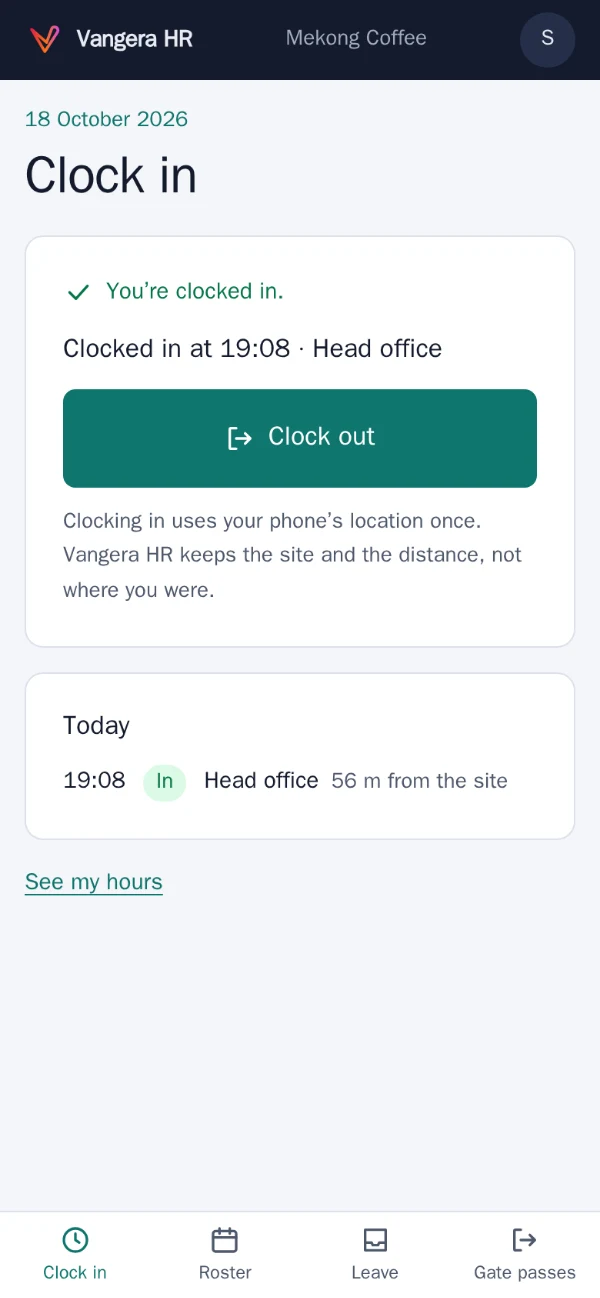 Clock in on a phone in Vangera HR: clocked in at a site, Clock out, and today's clock-ins