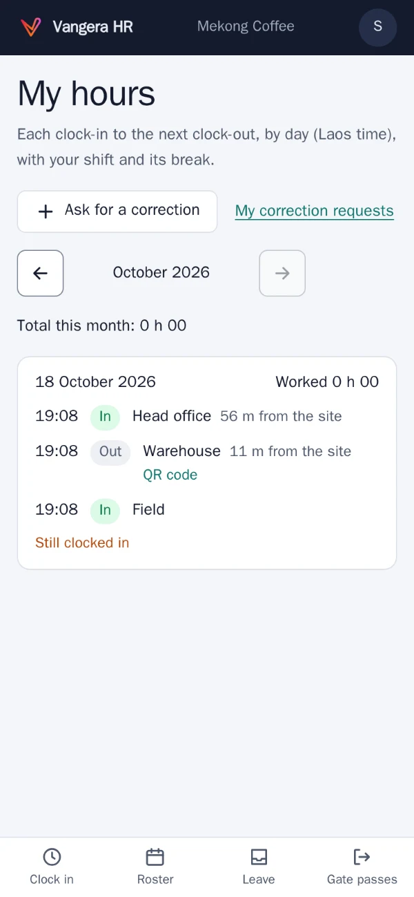 My hours in Vangera HR: each day's clock-ins and clock-outs and the month's total