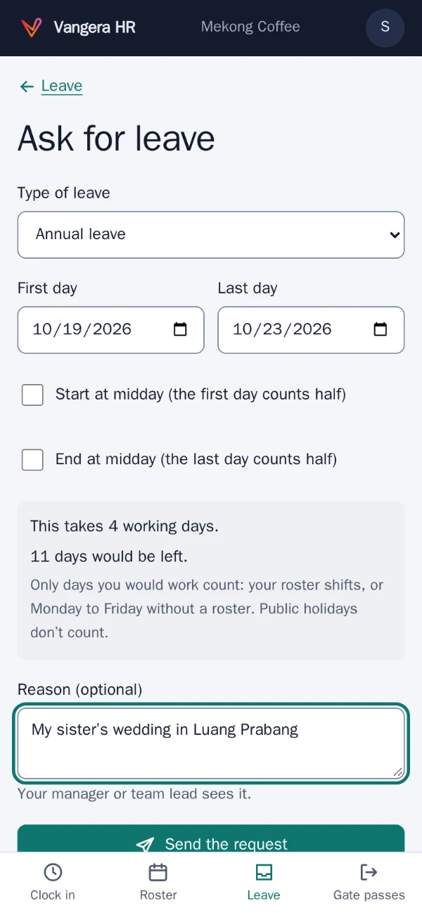 Asking for leave in Vangera HR: the type, the days, and how many working days it takes