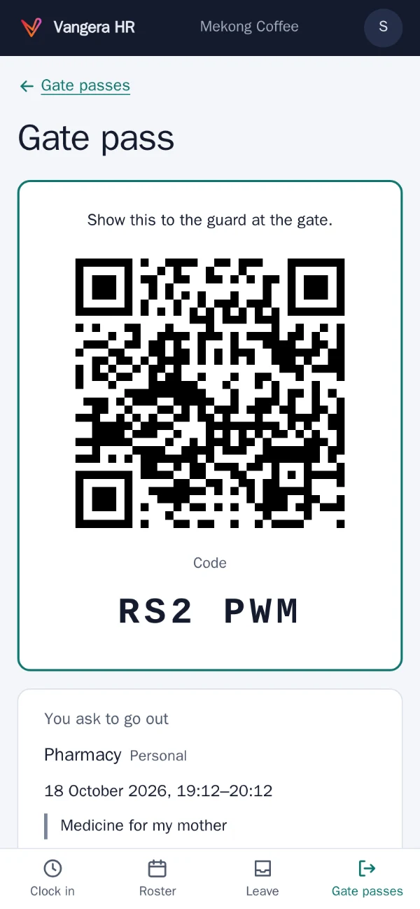 An approved gate pass with its QR code and six-character code
