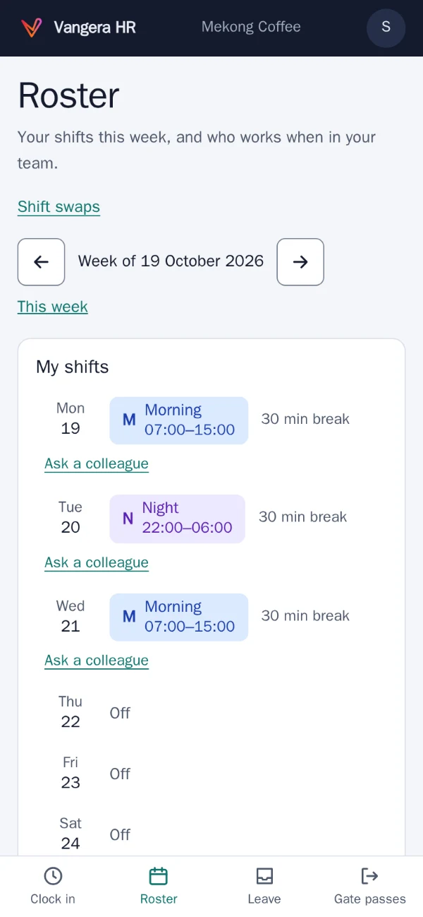 Roster in Vangera HR on a phone: my shifts this week and who works when