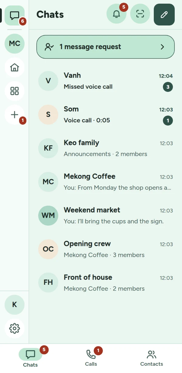 LohnCC's chats on a phone: a message request, chats, groups and the organization's chats