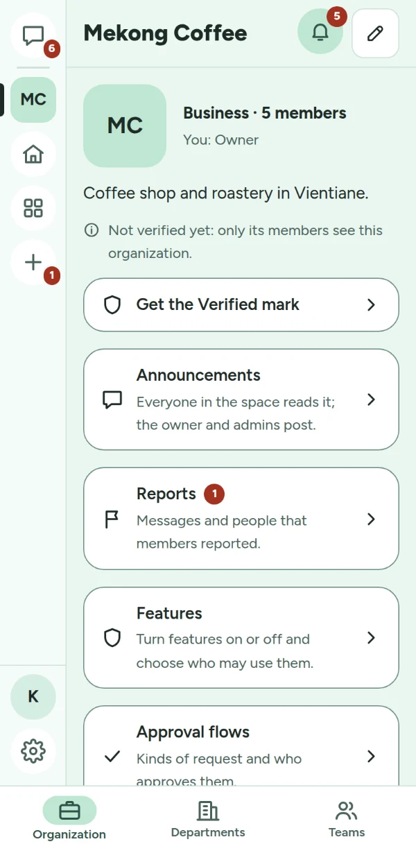 An organization's page in LohnCC: announcements, reports, features and approval flows